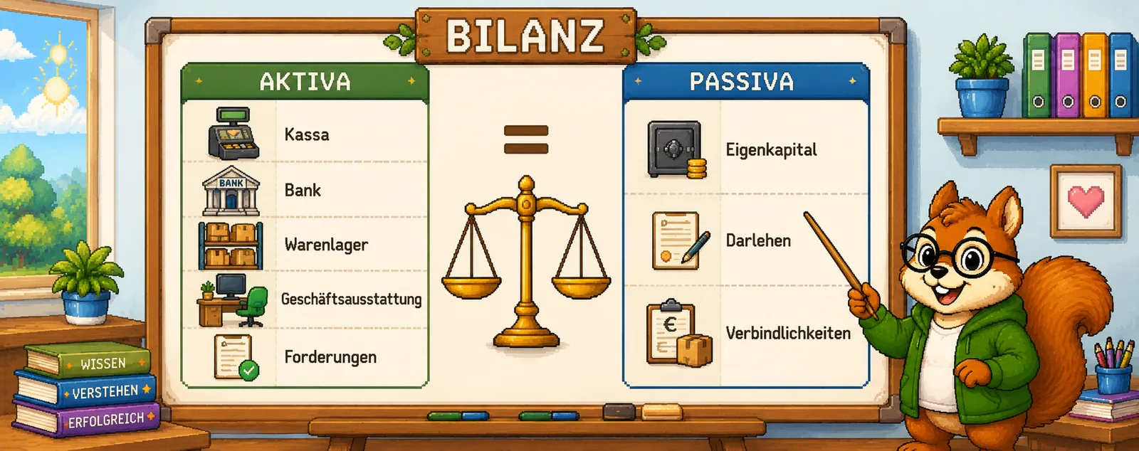 Bilanz-Header mit Aktiva und Passiva als zwei geordnete Seiten.